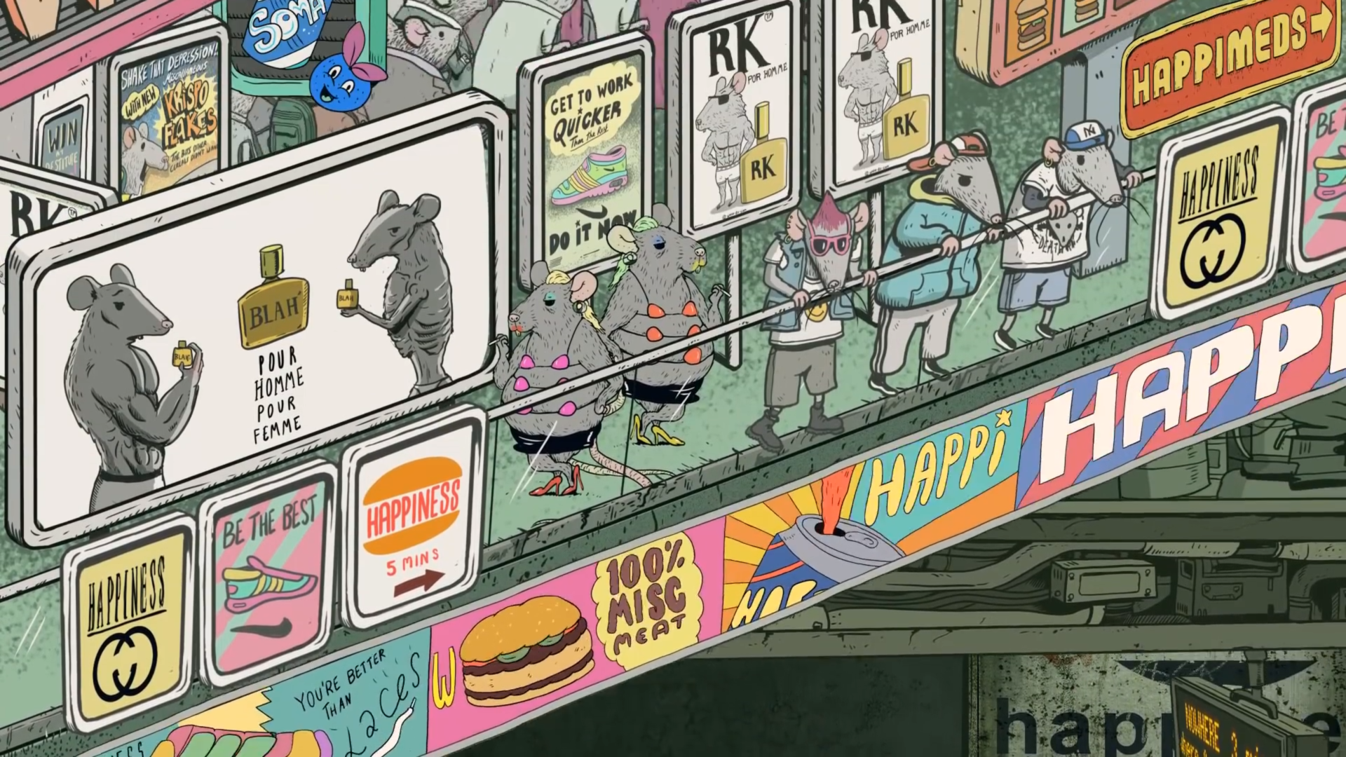 各种各样的快乐，现实中对应了 GUCCI，NIKE，SK，CHANEL，Burger King 等等的商品