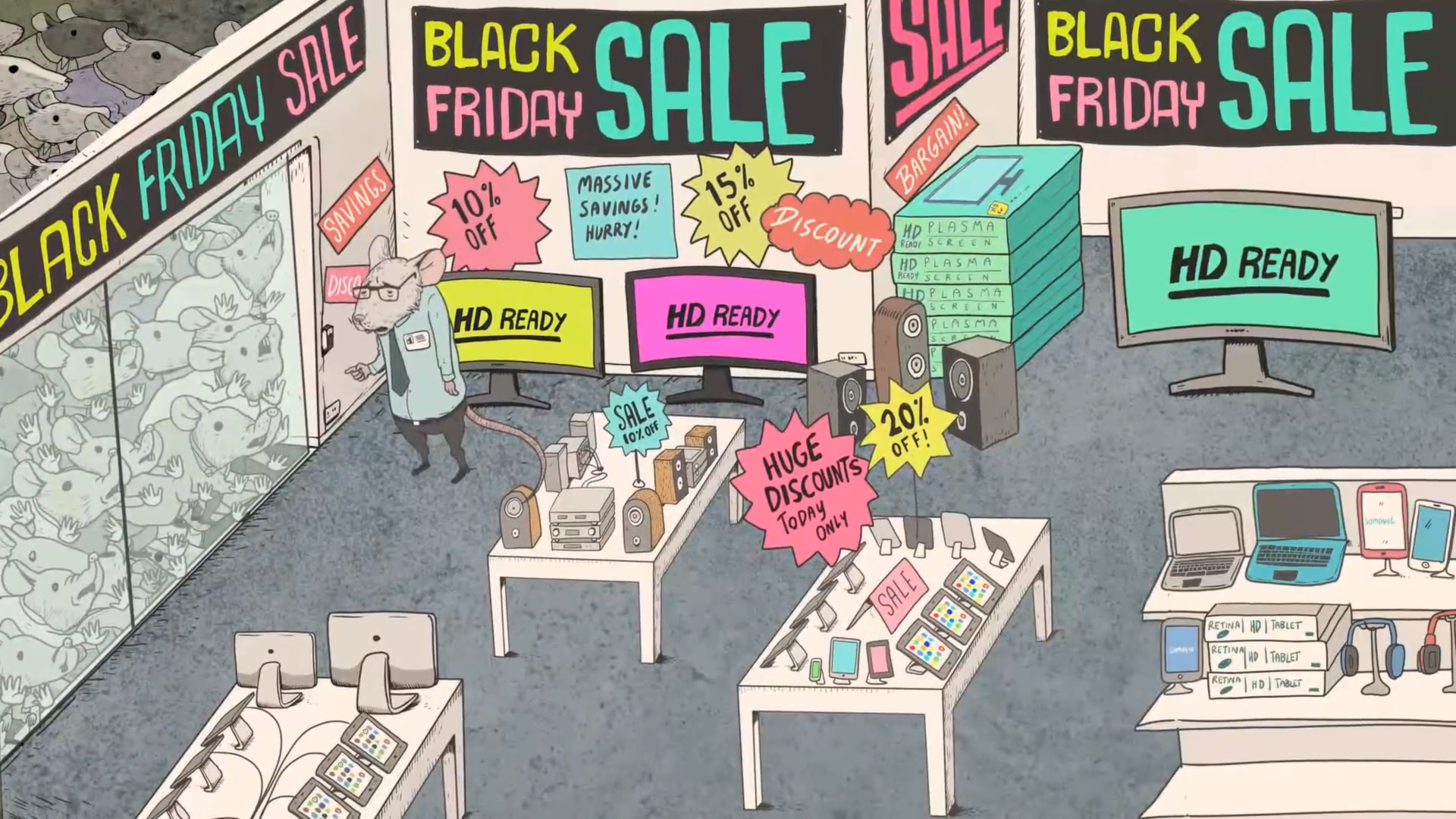 黑色星期五疯狂打折，商店准备开门，门外人山人海，店员都叹了口气