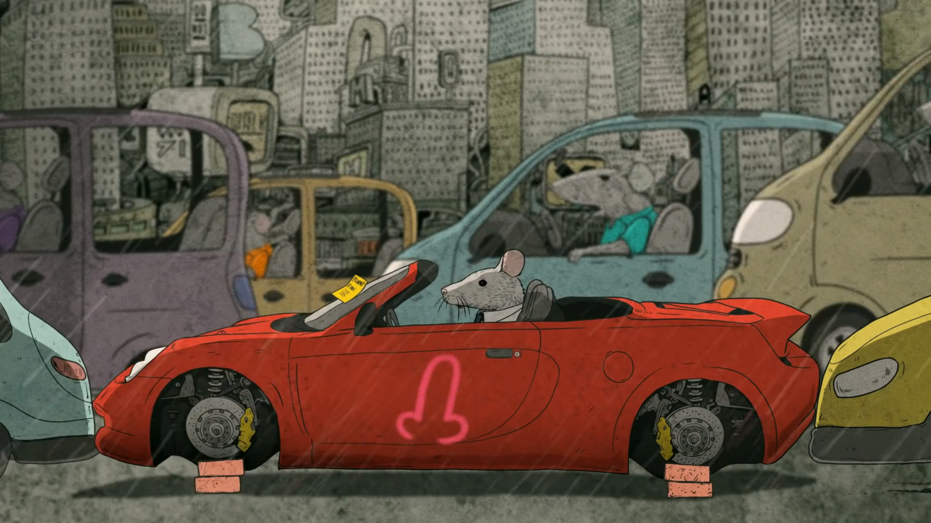 不仅如此，车子还被贴罚单，轮子都被人偷了，车身还被人乱涂乱画