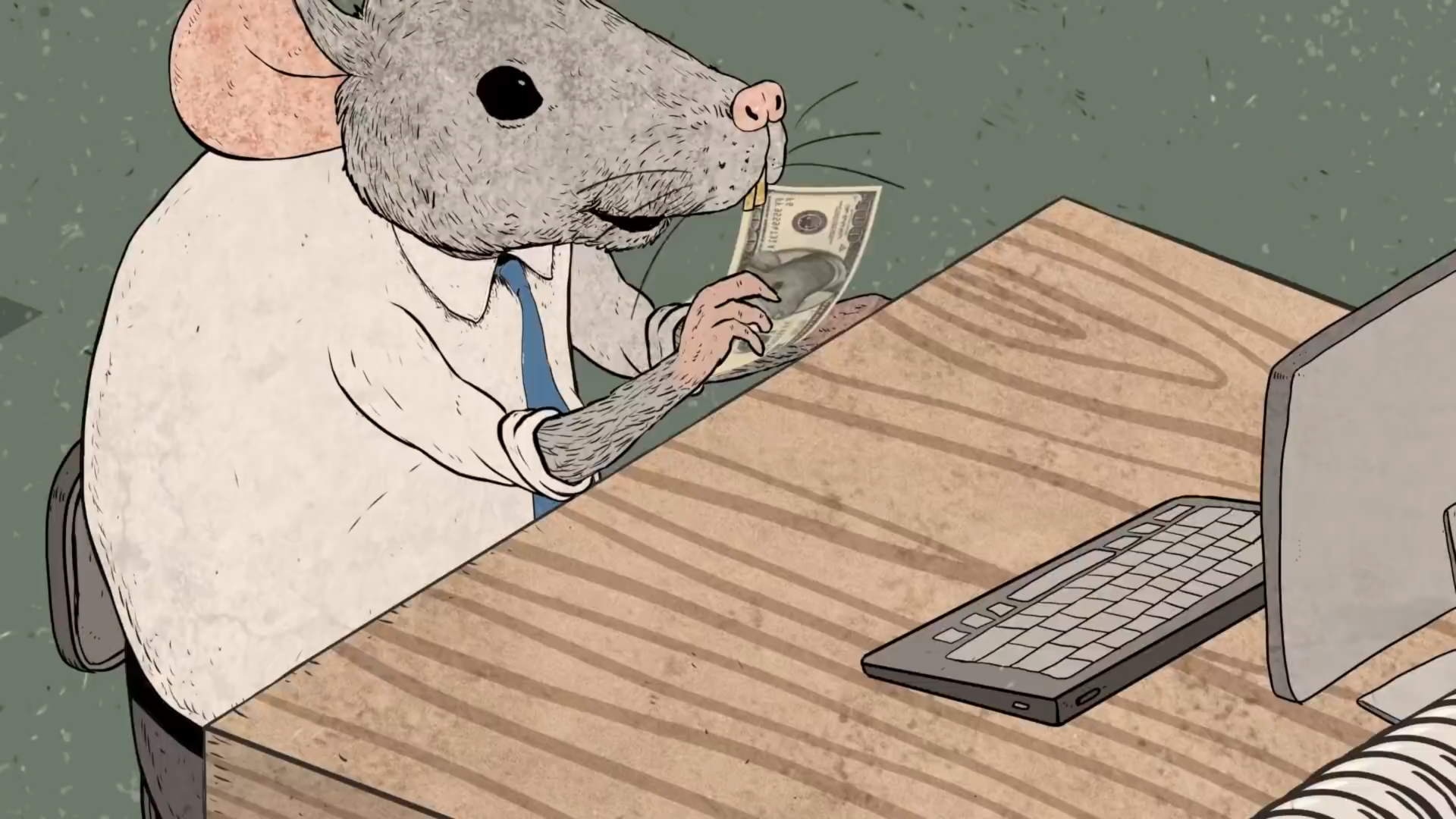 在一个办公桌前终于抓住了钞票