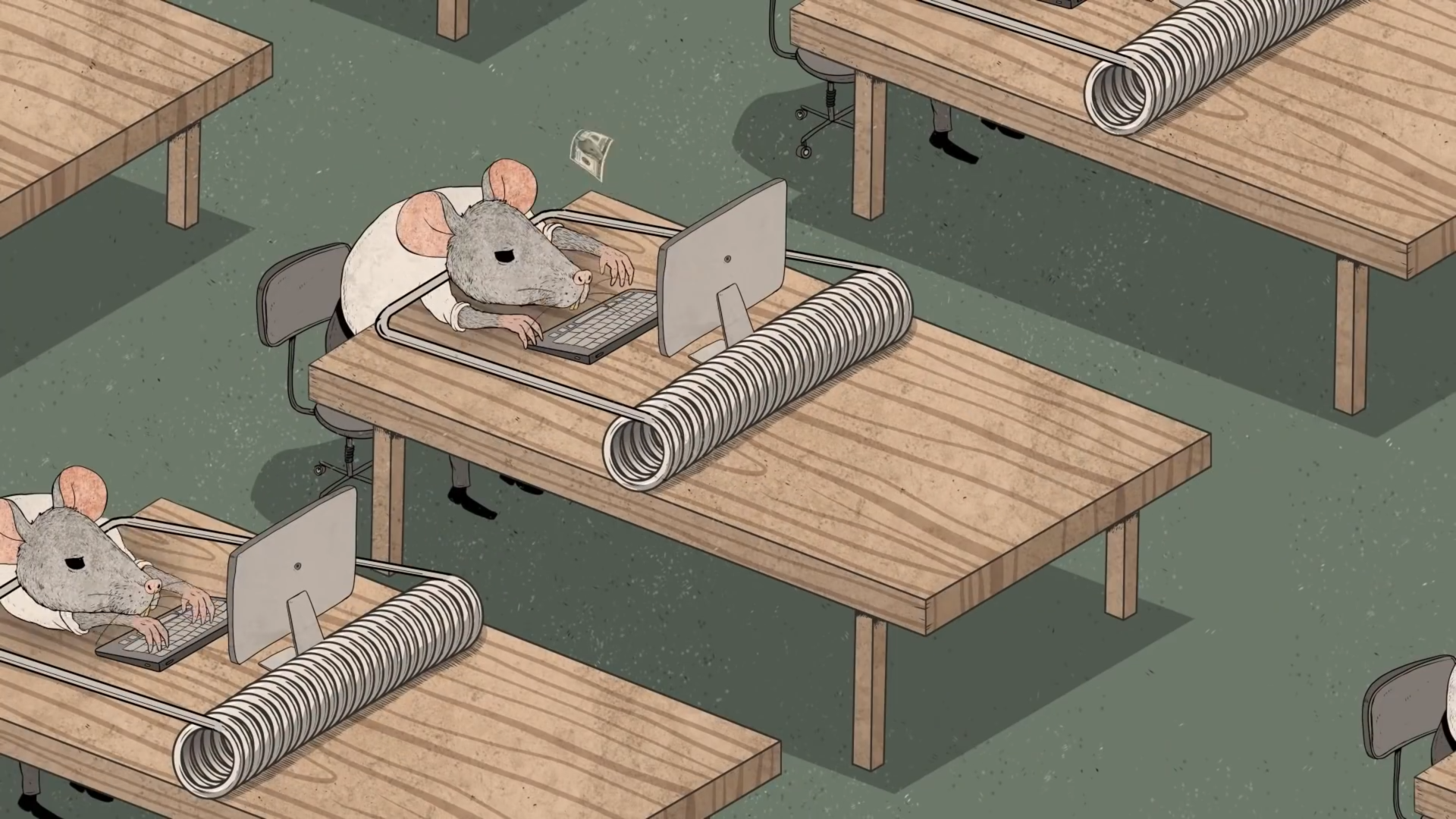 没想到这是一个陷阱，啪哒一下，被困在了办公桌上，开始工作，手中的钞票也飞了