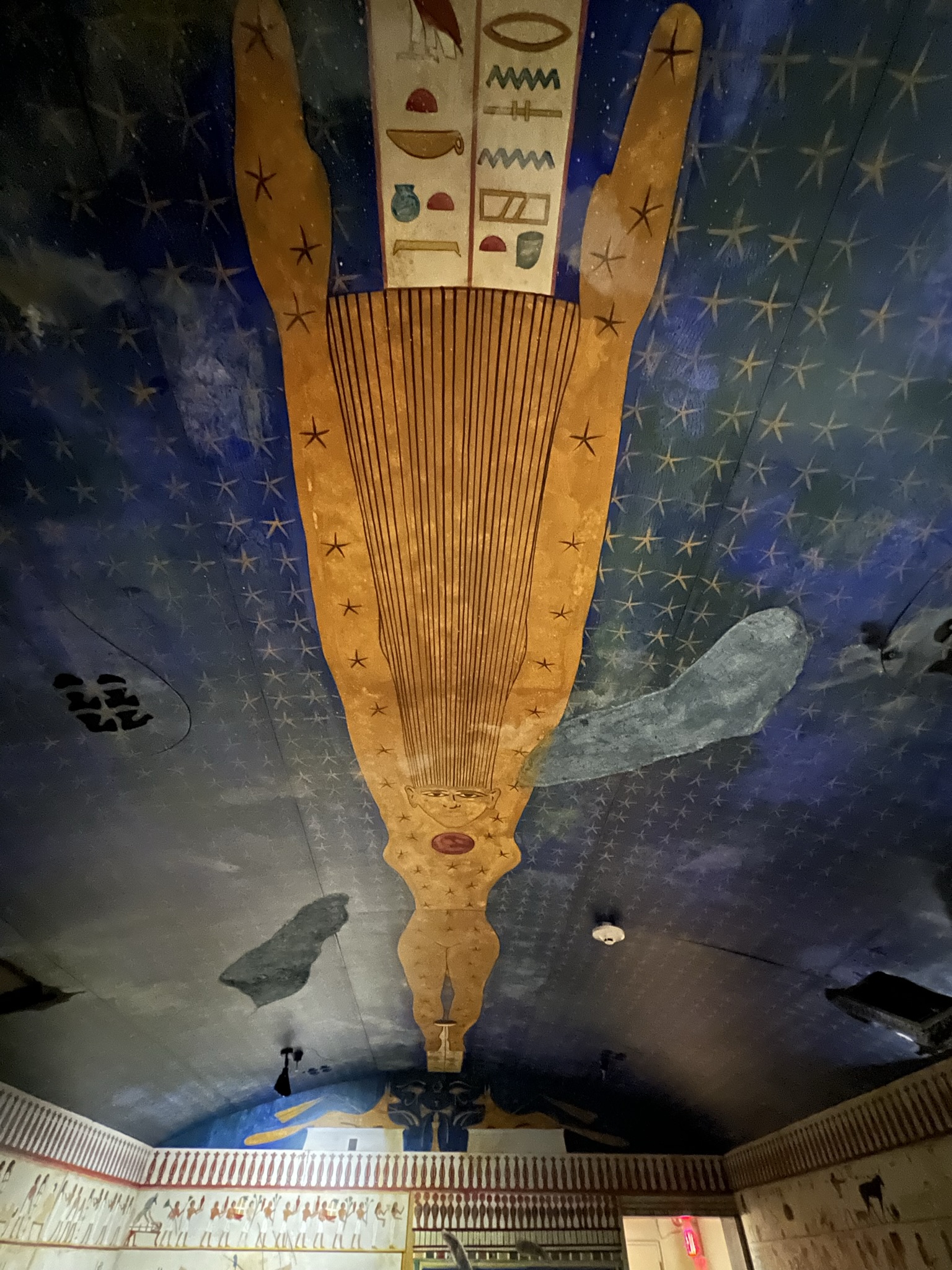 宇宙中的女神，古埃及人相信每天日出日落月出月落都是女神在重复的分娩太阳和月亮，把她画到墓穴的顶端，可以为墓穴的主人带来庇佑