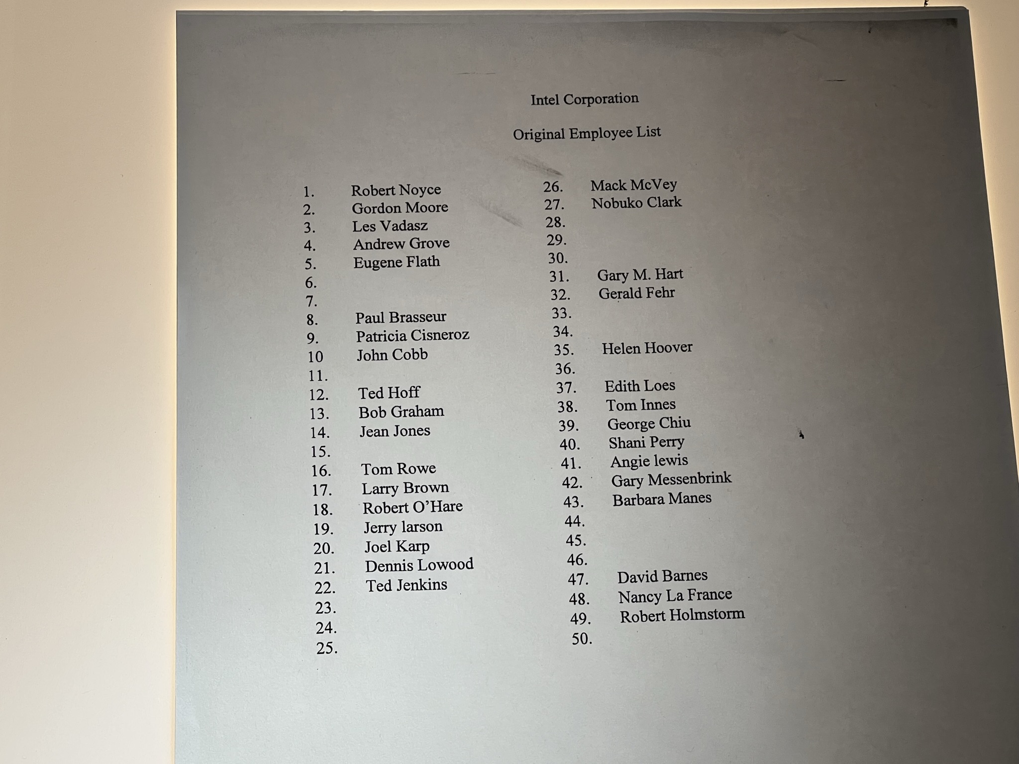 Intel 公司成立时的创始成员名单